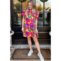 Rose Red Abstract Print Ruffle Sleeve Shift Dress - M thumbnail