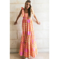 Pink Boho Gingham Tied Straps Smocked Maxi Dress - XL thumbnail