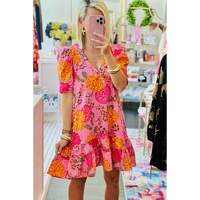 Pink Floral Bubble Sleeve V Neck Ruffled Mini Dress - L thumbnail