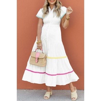 White Colorblock Rickrack Trim Short Sleeve Drawstring Waist Long Dress - S thumbnail