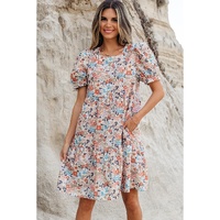 Apricot Bohemian Floral Print Short Puff Sleeve Mini Dress - L thumbnail