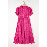 Rose Red Flower Mock Neck Puff Sleeve Tiered Maxi Dress - M thumbnail