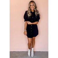 Black Button Up Tie Waist Puff Sleeve Mini Dress - L thumbnail