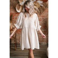 White Textured Ruffled Puff Sleeve Loose Dress - S thumbnail