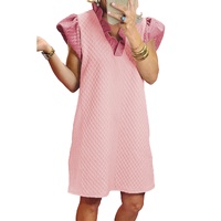 Light Pink Textured Puff Sleeve Ruffled V Neck Shift Mini Dress - L thumbnail