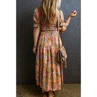 Yellow Smocked Bodice High Waist Puff Sleeve Floral Dress - L thumbnail