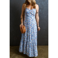 Sky Blue Floral Print Ruffled Ruched Maxi Dress - L thumbnail