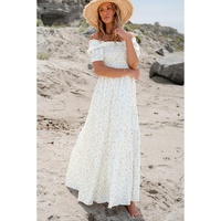 White Frilly Shirred Bodice Tiered Floral Maxi Dress - L thumbnail