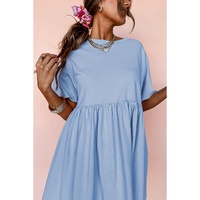 Sky Blue Solid Color Pocketed Raw Edge Babydoll Dress - L thumbnail