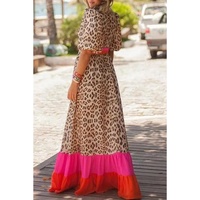 Bright Pink Leopard Colorblock Patchwork Bubble Sleeve Maxi Dress - M thumbnail