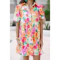 Pink Floral Puff Sleeve Collar Buttoned Babydoll Dress - L thumbnail