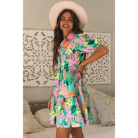 Green Floral Puff Sleeve Collar Buttoned Babydoll Dress - S thumbnail