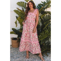 Pink Floral Lace Tied Strap Empire Waist Maxi Dress - XL thumbnail