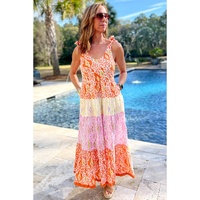 Orange Knotted Straps Leopard Colorblock Dress - L thumbnail