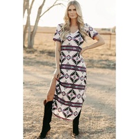 Beige Western Aztec Printed Long T-shirt Dress - L thumbnail