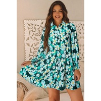 Green Floral Tiered Long Puff Sleeve Shirt Dress - S thumbnail