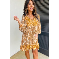 Orange Bohemian Print Puff Sleeve Tied V Neck Flared Mini Dress - L thumbnail