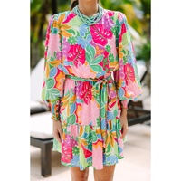 Green Multicolor Botanical Bubble Sleeve Mini Dress - S thumbnail