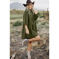 Vineyard Green Corduroy Snap Buttons Empire Waist Bracelet Sleeve Dress - M thumbnail