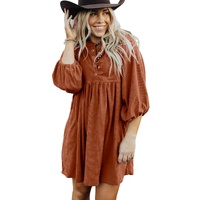 Gold Flame Corduroy Snap Buttons Empire Waist Bracelet Sleeve Dress - L thumbnail