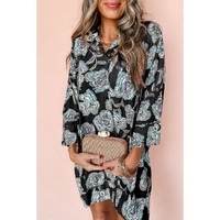Black Floral Print Lapel Collar Loose Shirt Mini Dress - M thumbnail
