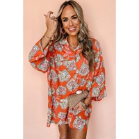 Red Floral Print Lapel Collar Loose Shirt Mini Dress - M thumbnail