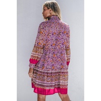 Purple Floral Smocked Puff Sleeve High Neck Mini Dress - S thumbnail