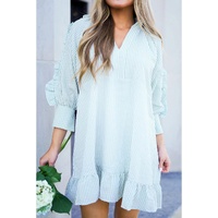 Myosotis Seersucker Ruffled Puff Sleeve Stand Neck Mini Dress - L thumbnail