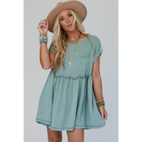 Canton Corded Knit Textured Patched Pocket Frilled Swing Mini Dress with Pockets - L thumbnail