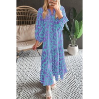 Sky Blue Abstract Print Puff Sleeve Tied Notched Neck Long Dress - M thumbnail