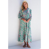 Green Abstract Print Puff Sleeve Tied Notched Neck Long Dress - M thumbnail