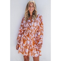 Brown Floral Puff Sleeve Smocked Waist Layered Dress - L thumbnail