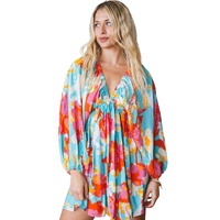 Sky Blue Floral Bracelet Sleeve Empire Waist Mini Dress - L thumbnail