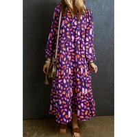 Blue Petal Collared Tiered Flowy Long Dress - S thumbnail