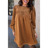 Desert Gold Corduroy Pleated Puff Sleeve Shift Short Dress - L thumbnail
