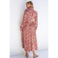 Orange Abstract Print V Neck Pleated High Waist Midi Dress - L thumbnail