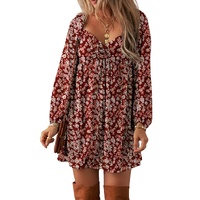 Red Floral Print Sweetheart Neck Shirred Back Mini Dress - S thumbnail
