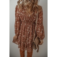 Brown Boho Floral Ruffled Puff Sleeve V Neck Mini Dress - L thumbnail