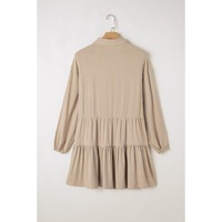 Tan Puff Sleeve Buttoned Tiered Pleated Shirt Mini Dress - L thumbnail