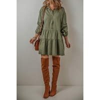 Jungle Green Puff Sleeve Buttoned Tiered Pleated Shirt Mini Dress - S thumbnail