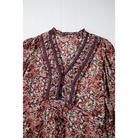 Brown Floral Print Split Front Tiered Frilled V Neck Midi Dress - L thumbnail