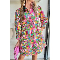 Pink Abstract Printed Lantern Sleeve Buttoned Mini Dress - L thumbnail