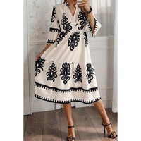 Beige Western Geometric Print 3/4 Sleeve Loose Midi Dress - L thumbnail
