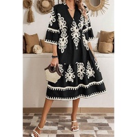Black Western Geometric Print 3/4 Sleeve Loose Midi Dress - L thumbnail