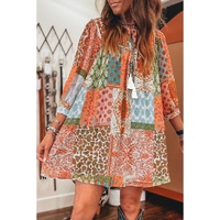 Orange Boho Paisley Mixed Print 3/4 Sleeve Chiffon Loose Dress - L thumbnail