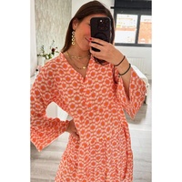Orange Floral Print Flounce Sleeve Buttoned Front Mini Dress - L thumbnail