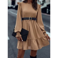 Light French Beige Frilled Collar Ruffled Shoulder Tiered Dress - L thumbnail