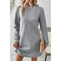 Gray Solid Color Textured Long Sleeve Shift Dress - S thumbnail