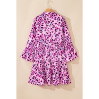 Rose Leopard Print Buttoned Front 3/4 Sleeve Tiered Ruffled Hem Dress - L thumbnail