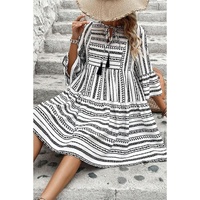 Black Stripe V Neck Bell Sleeve High Waist Mini Dress - L thumbnail